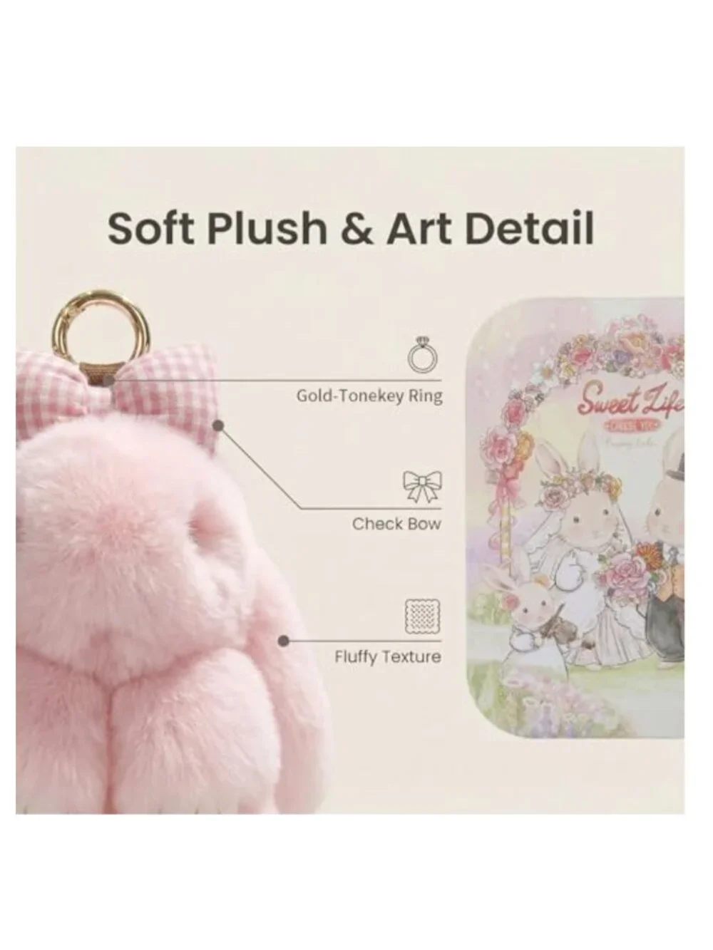 Plush Bunny Keychain with Bow, Faux Fur, Cute Rabbit Charm for Bags & Keys,